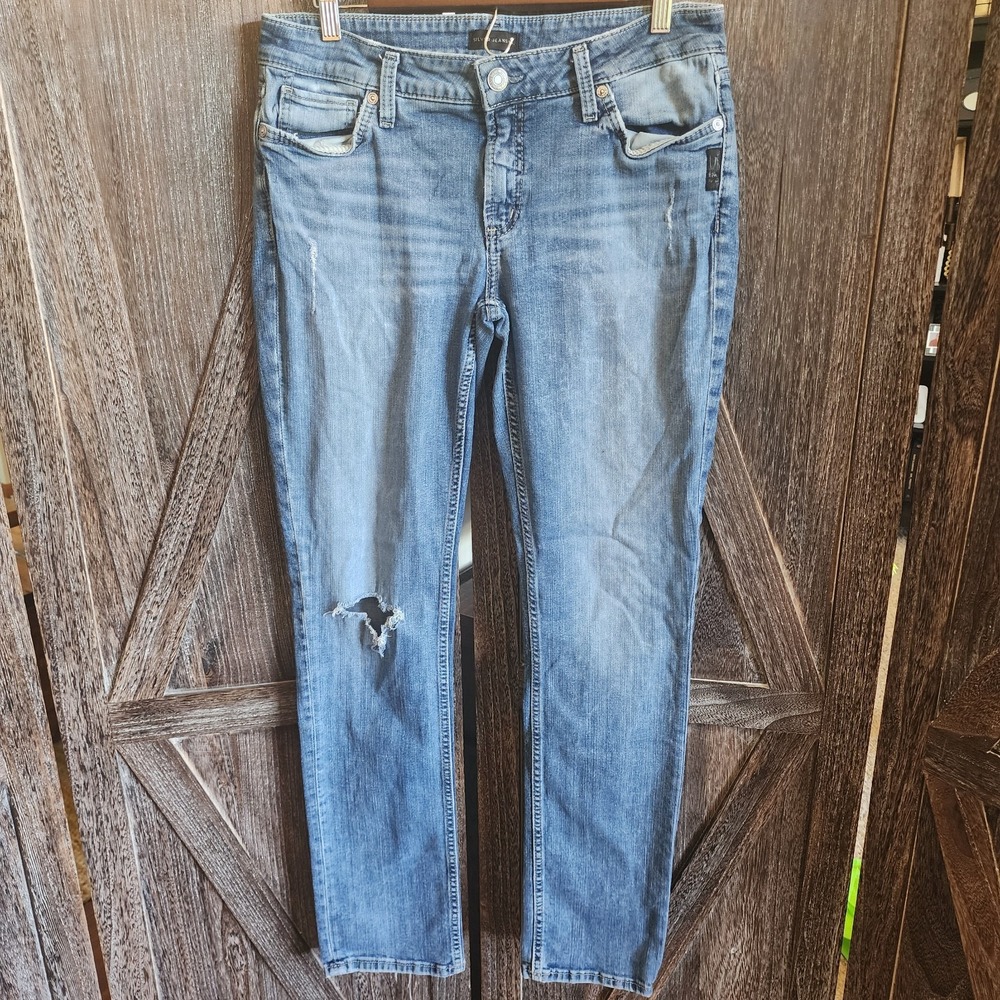 Silver‎ Jeans Co Jeans Women's Size 31/34 Blue Elyse Straight Distressed